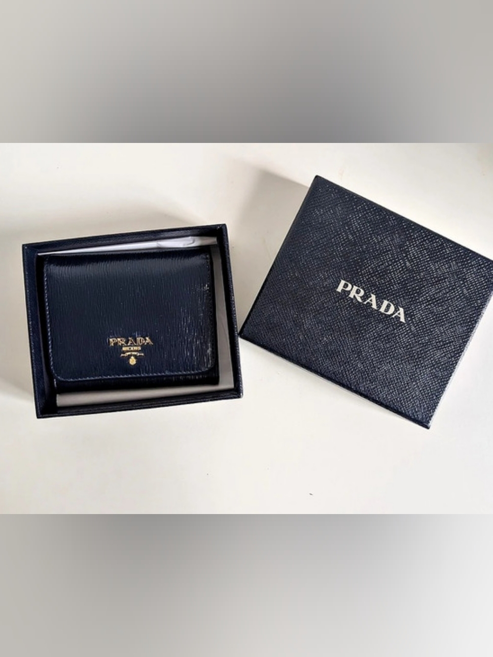 Prada Vitello Move Compact Wallet Navy Blue